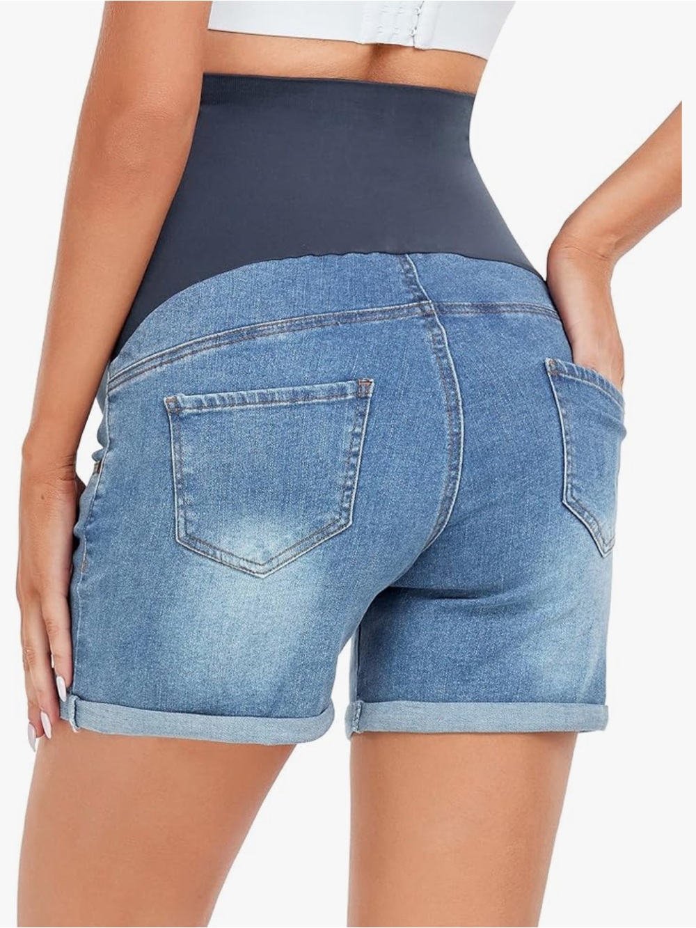 HOFISH Women's Maternity Denim Shorts Over The Belly Stretchy Jean Shorts L - Picture 2 of 5